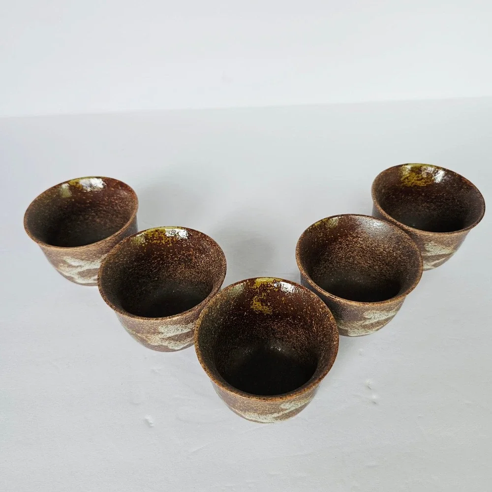 Vtg Japanese Style Tea Cup Set 5 Brown Speckled Pottery Wabi Sabi Rustic Earthy‎